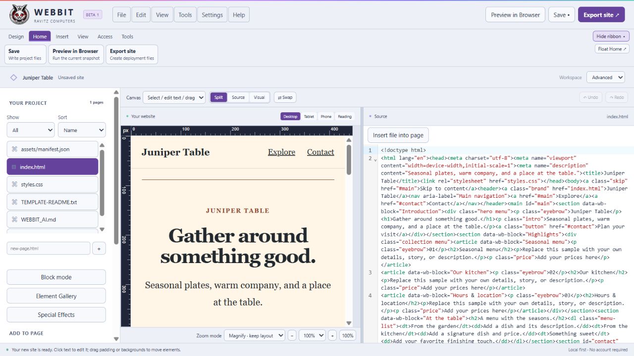 Webbit Beta 1 showing a restaurant page, editable HTML and the optional ribbon