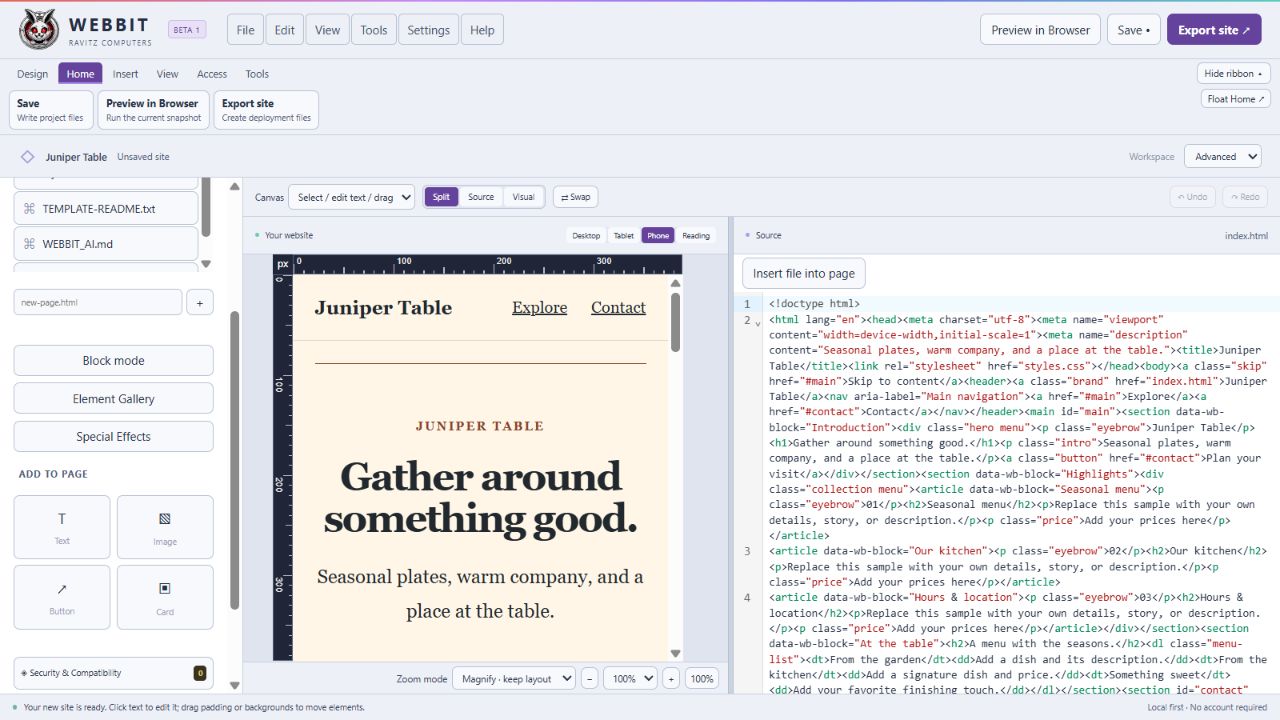 Webbit phone preview beside editable HTML